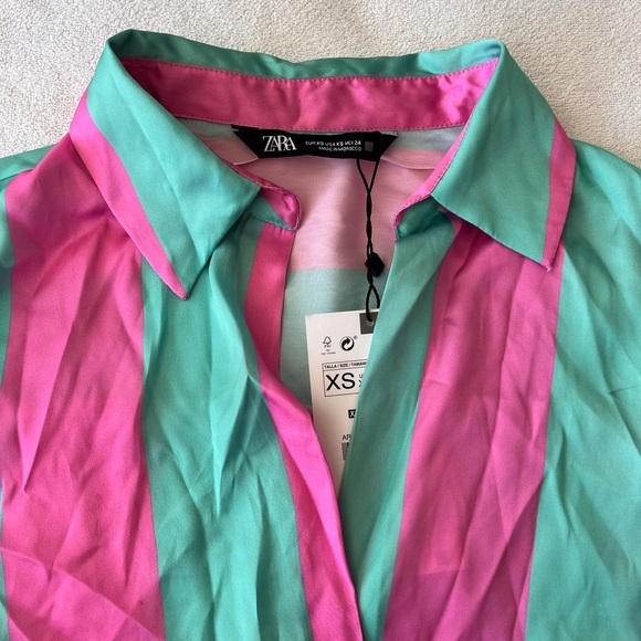 NWT Zara Satin Striped Boyfriend Shirt XS Pink Green - Picture 5 of 12